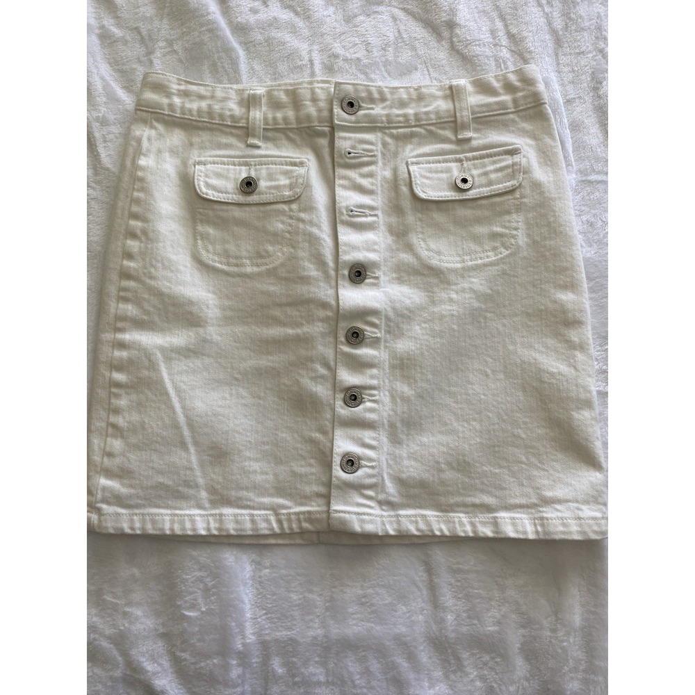 Tommy Hilfiger Women's White Denim Mini Skirt Size 2 Pockets Button Zip